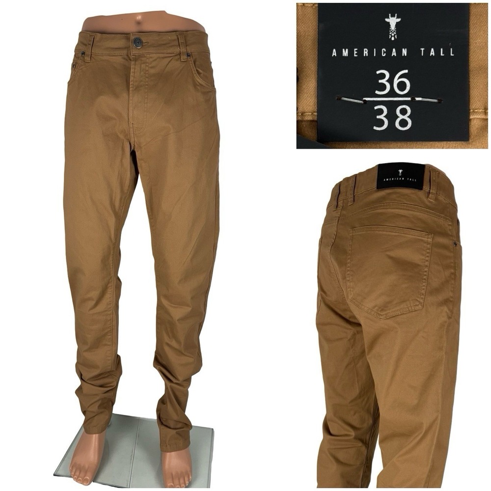 American Tall Mens 36 x 38 Pants Carman Tapered Chino Brown Cotton Stretch NWT
